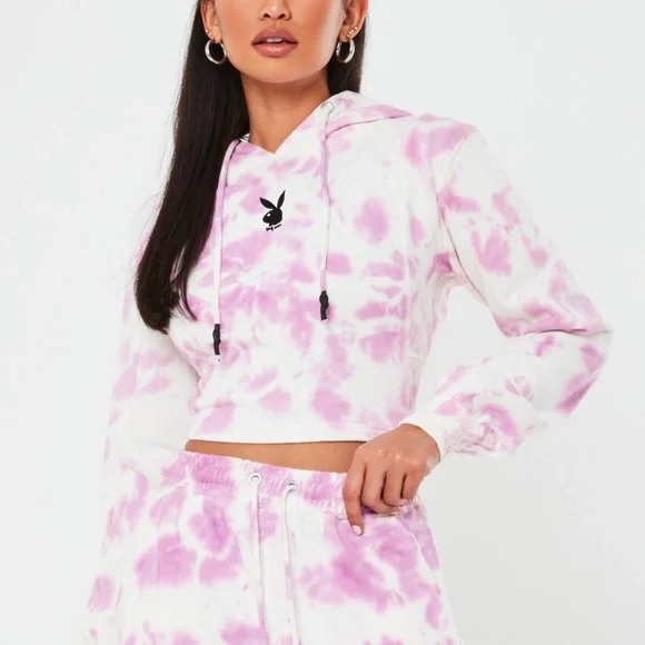 Missguided Tops Playboy X Missguided Tie Dye Crop Hoodie